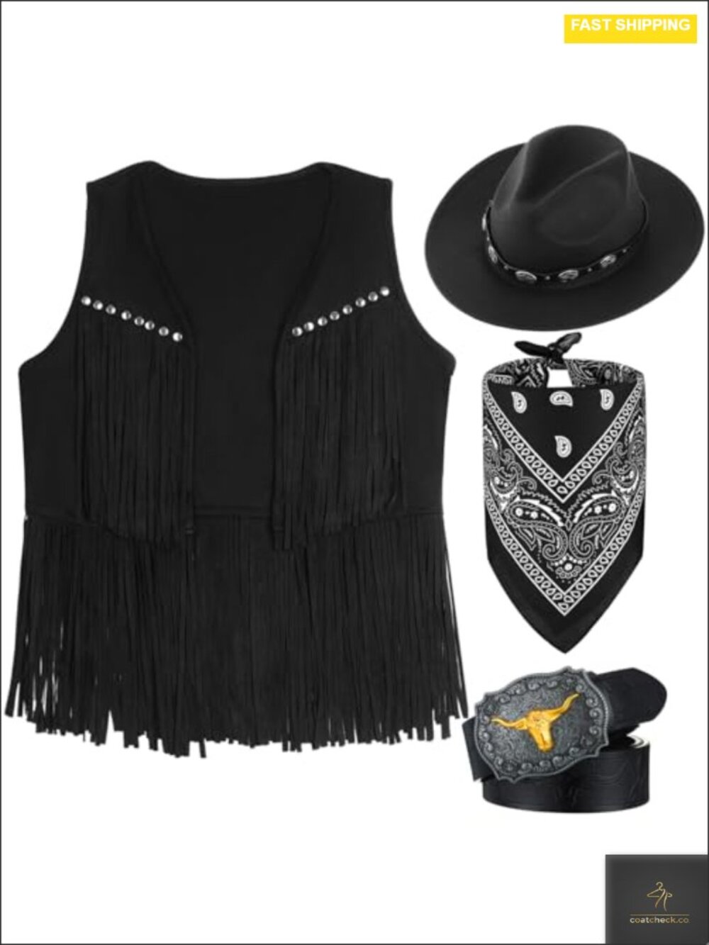 Sleeveless Faux Suede Fringe Vest Cowgirl Costume Set with Hat Belt Bandana